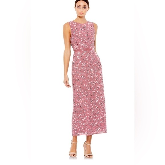 NWT Mac Duggal Triangle Bead & Sequin Pattern Midi Sheath Dress in Rosewood Pink